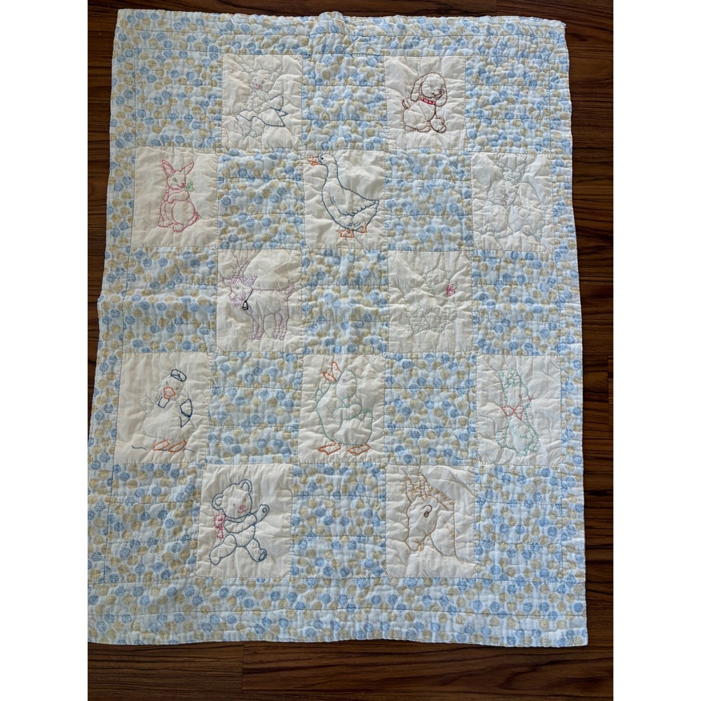 Vintage handmade embroidery baby blanket animals horse duck dog 36x48
